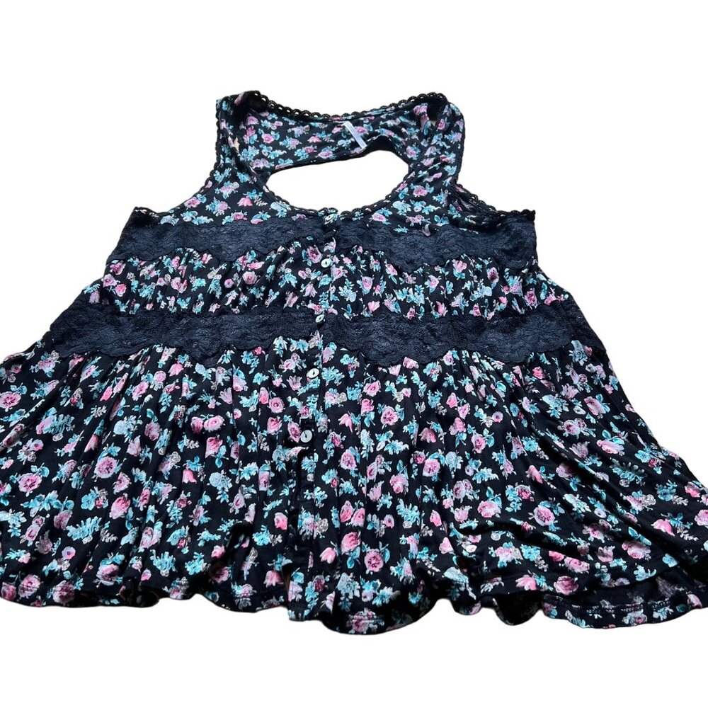 Free People Size L Black Pink Blue Floral Lace Trim Sleeveless Tank Top Blouse